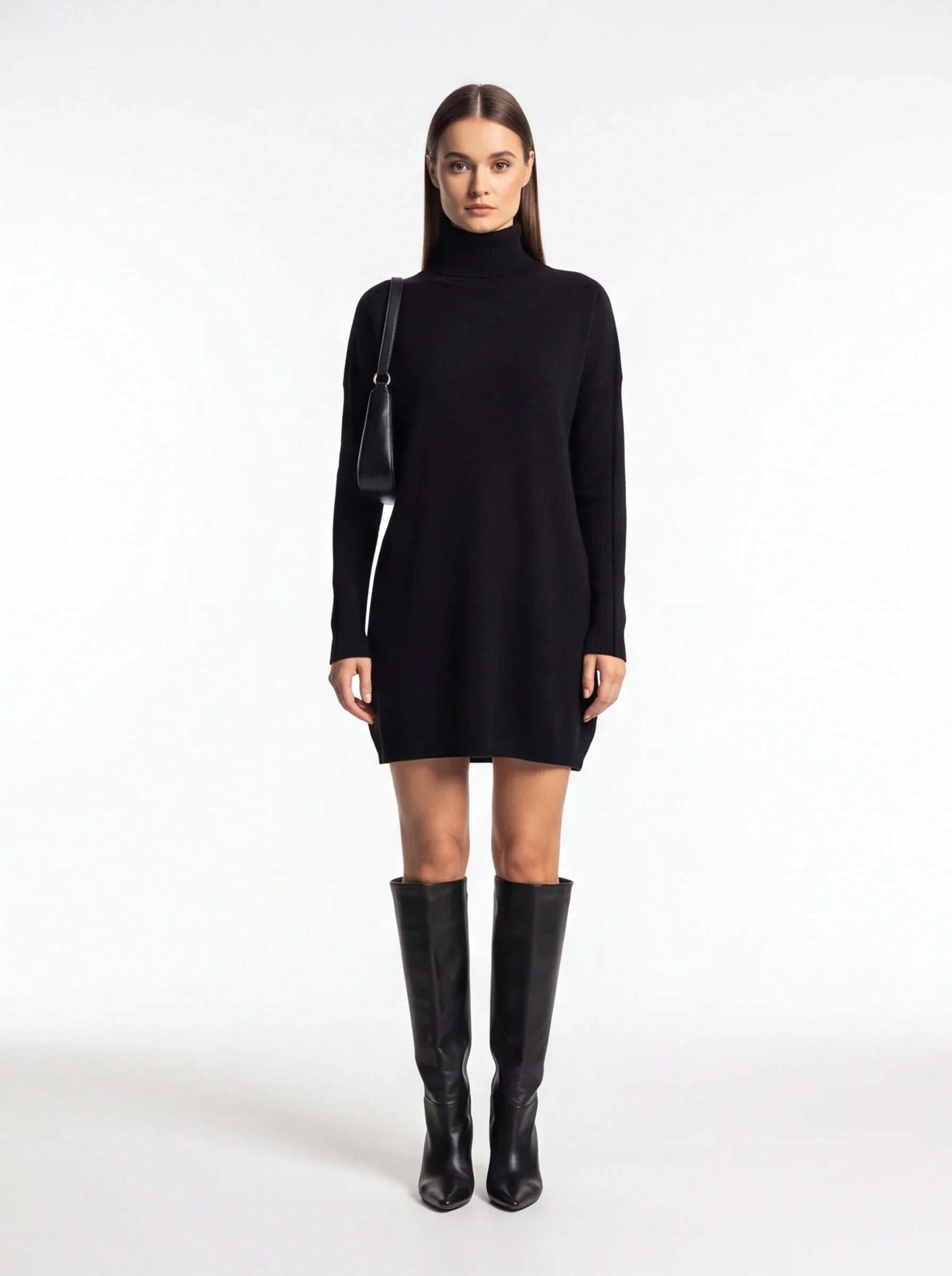 Cozy Black Turtleneck Sweater Dress with Long Sleeves and Ribbed Detail