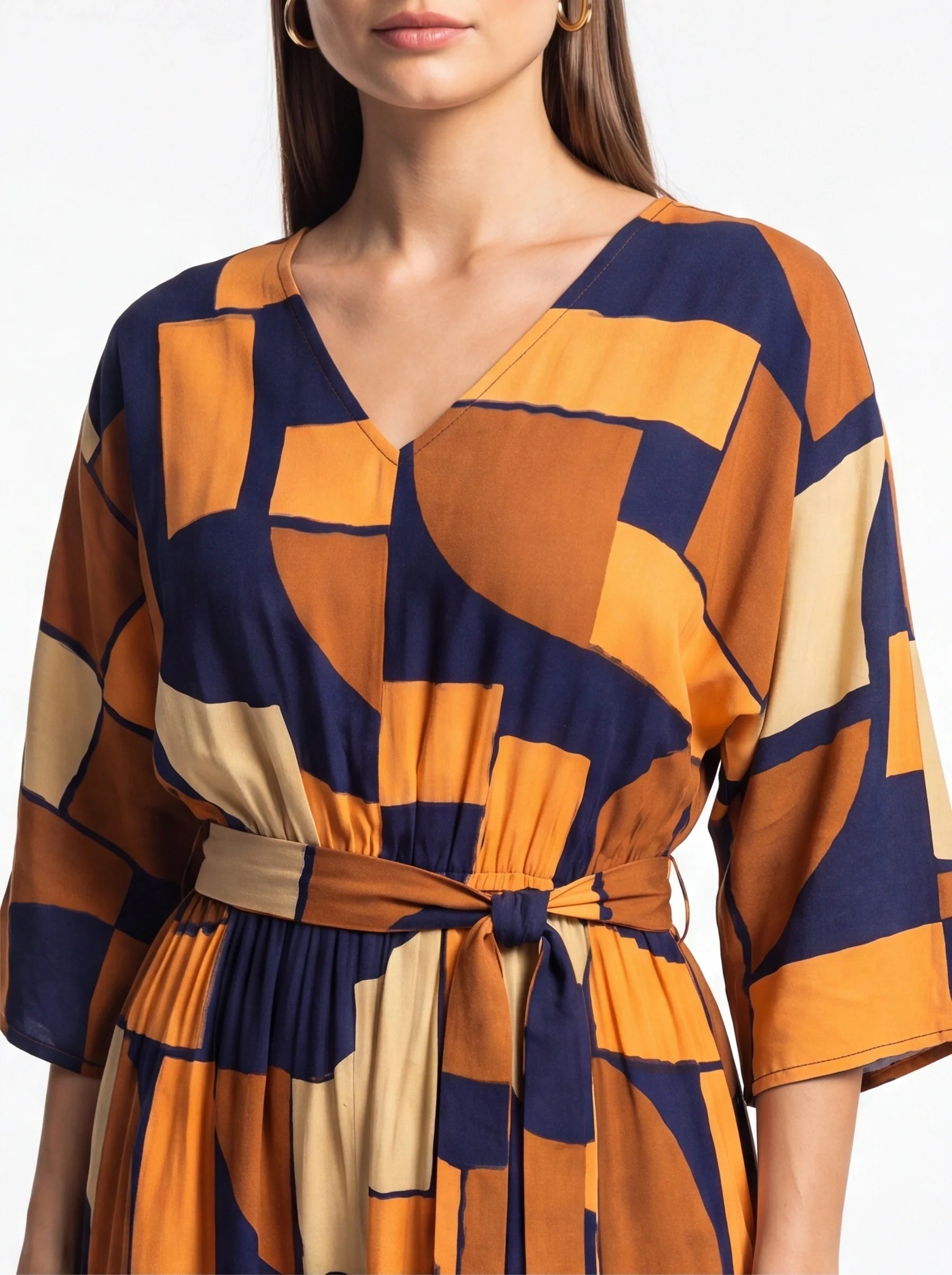 Chic Colorblock Geometric Jumpsuit with Belted Waist and Pockets