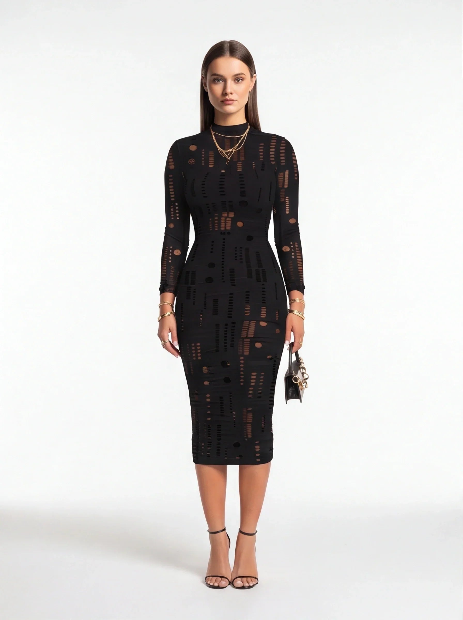 Mesh Sheer Off Shoulder Ruffle Midi Dress