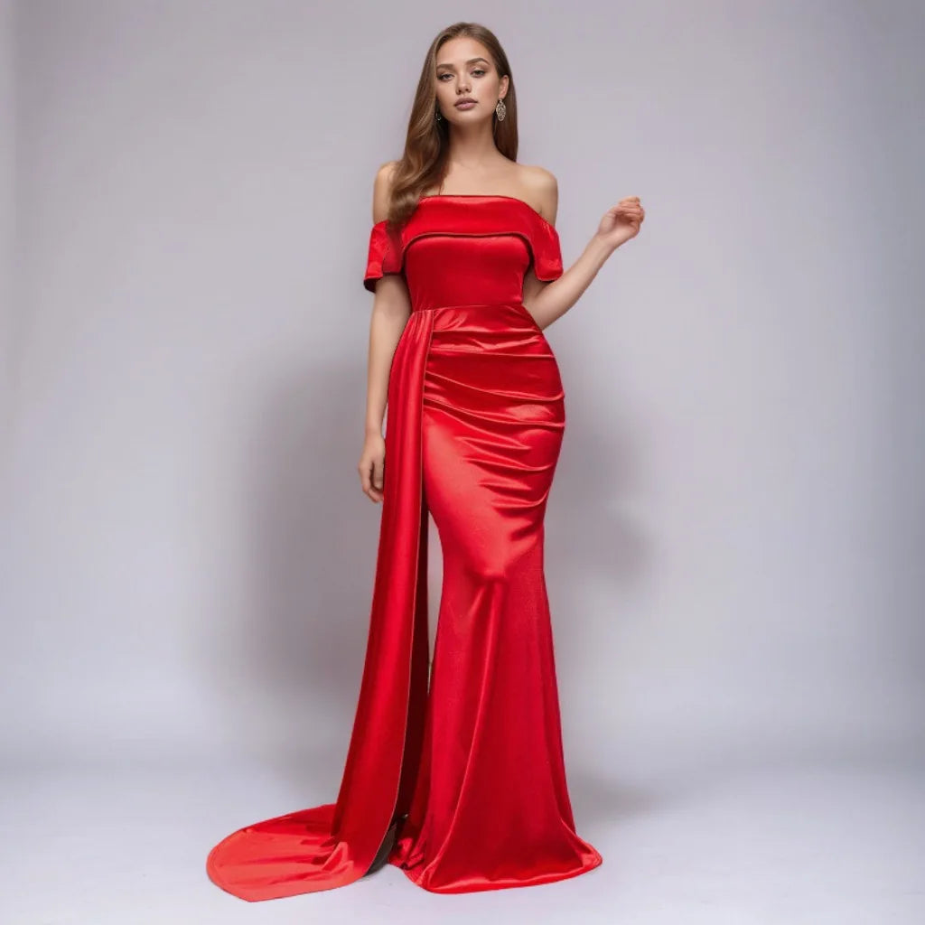 Satin Off Shoulder Ruched Draped Train Mermaid Maxi Gown 8