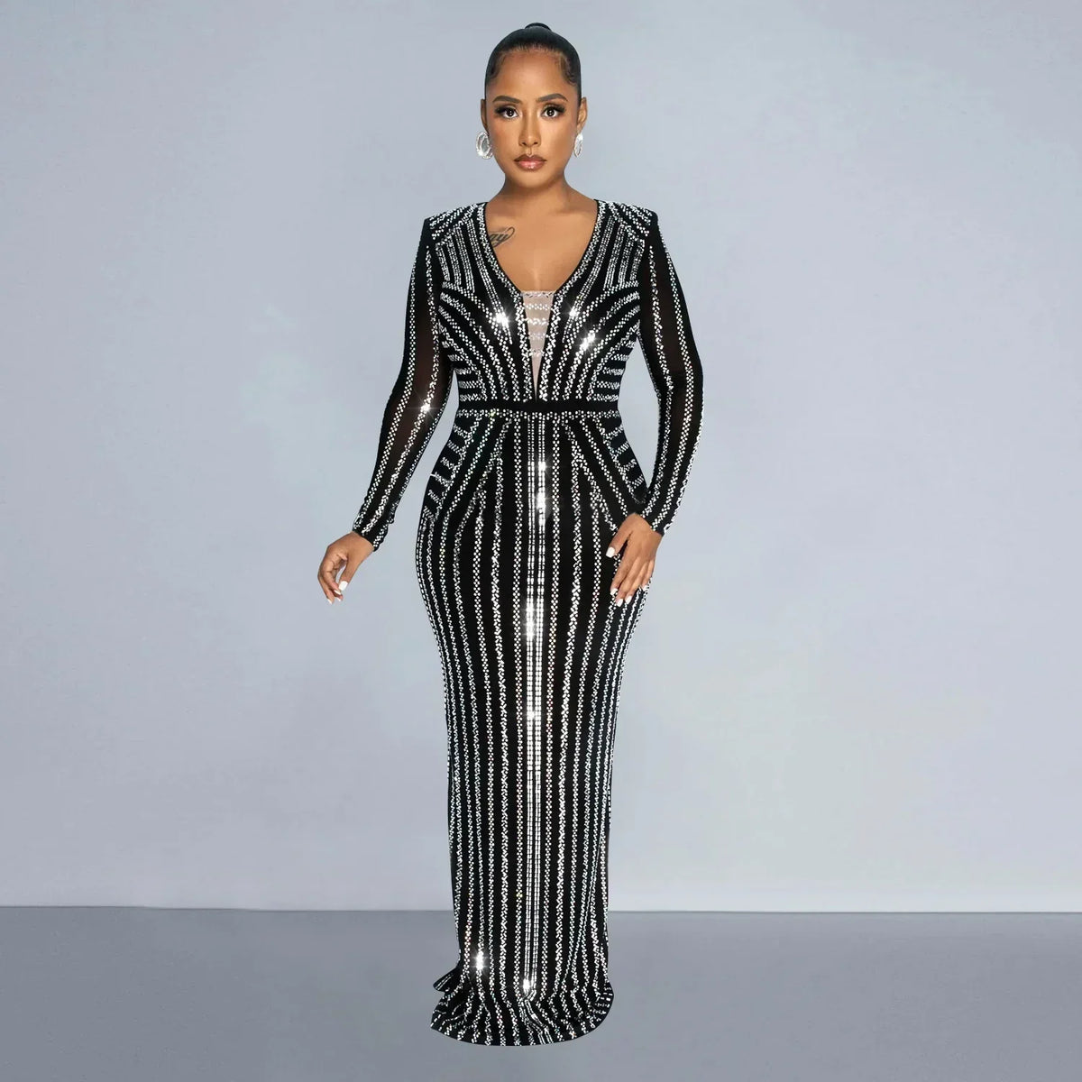 Sequin Chevron Stripe V-Neck Spaghetti Strap High Split Maxi Gown 4