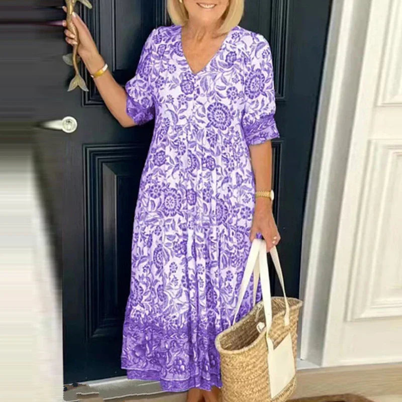Floral Print V-Neck Button Front Ruffle Cuff Tiered Maxi Summer Dress