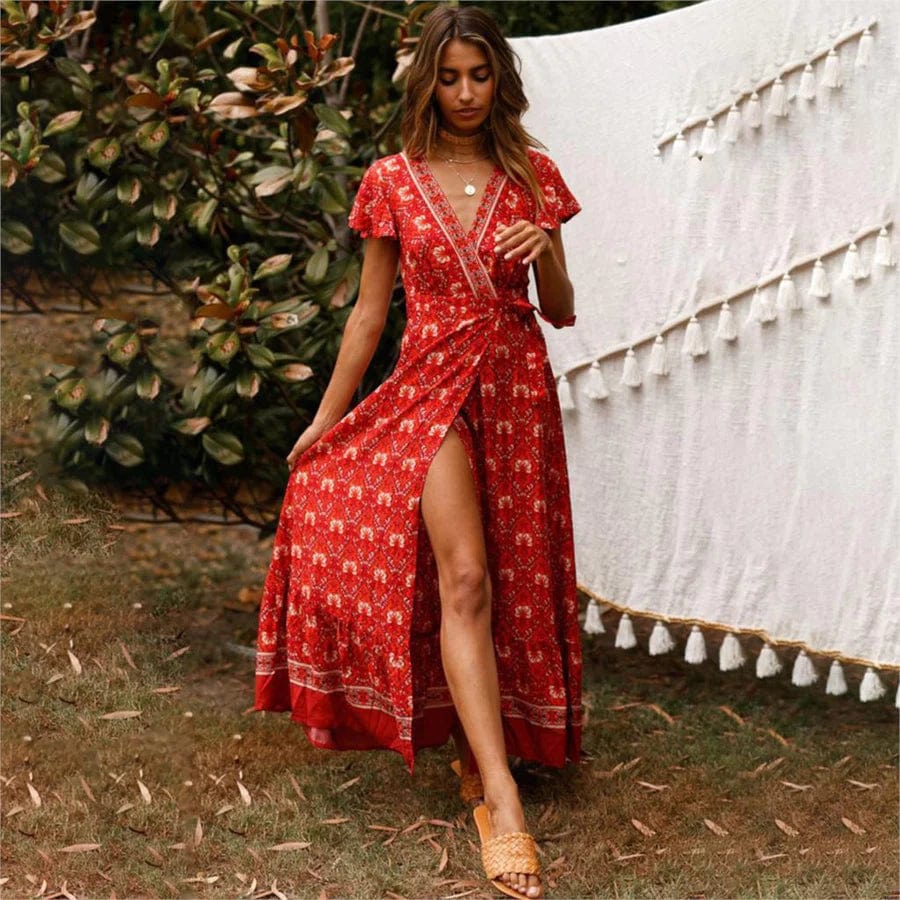 Floral Print Wrap V-Neck Flutter Sleeve High Split Maxi Dress