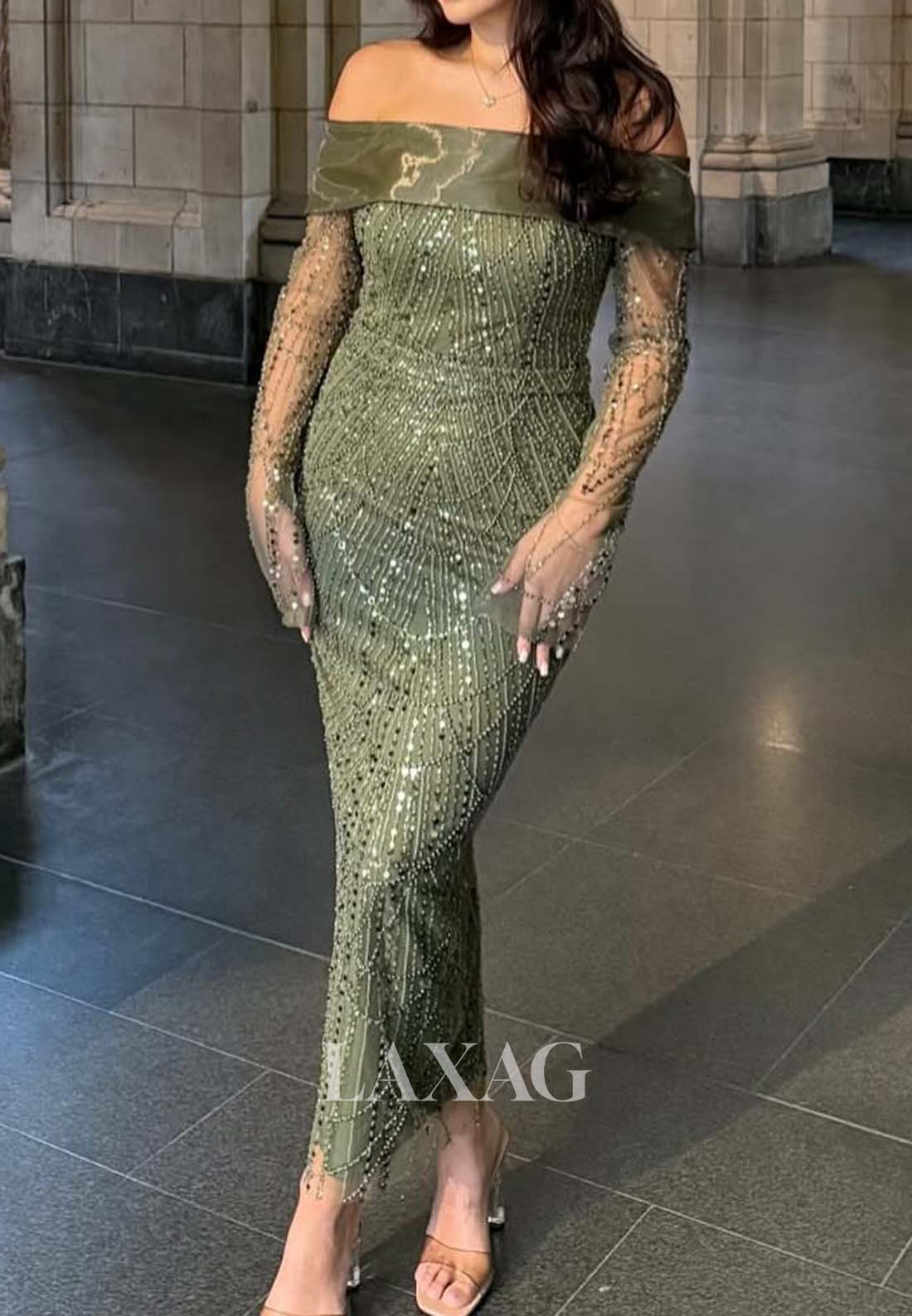 Tube Top Long-Sleeves Fully Beaded Evening Dress Off-Shoulder Pleated Ankle-Length Formal Gowns
