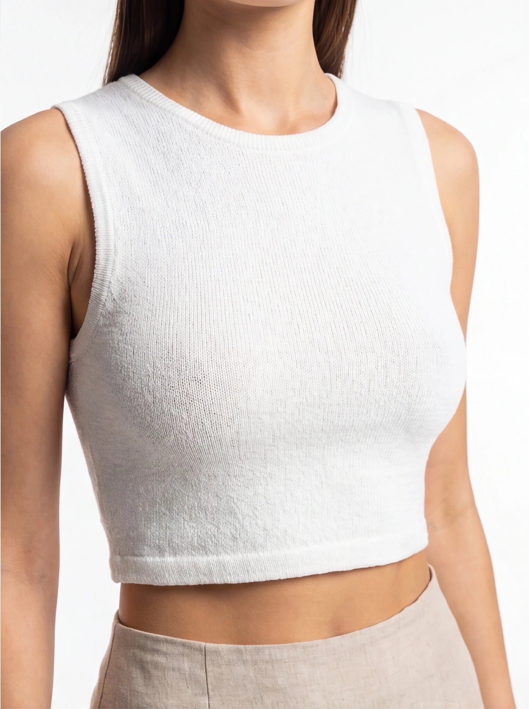 Stylish White Sleeveless Crop Top with Soft Fabric and Tailored Fit