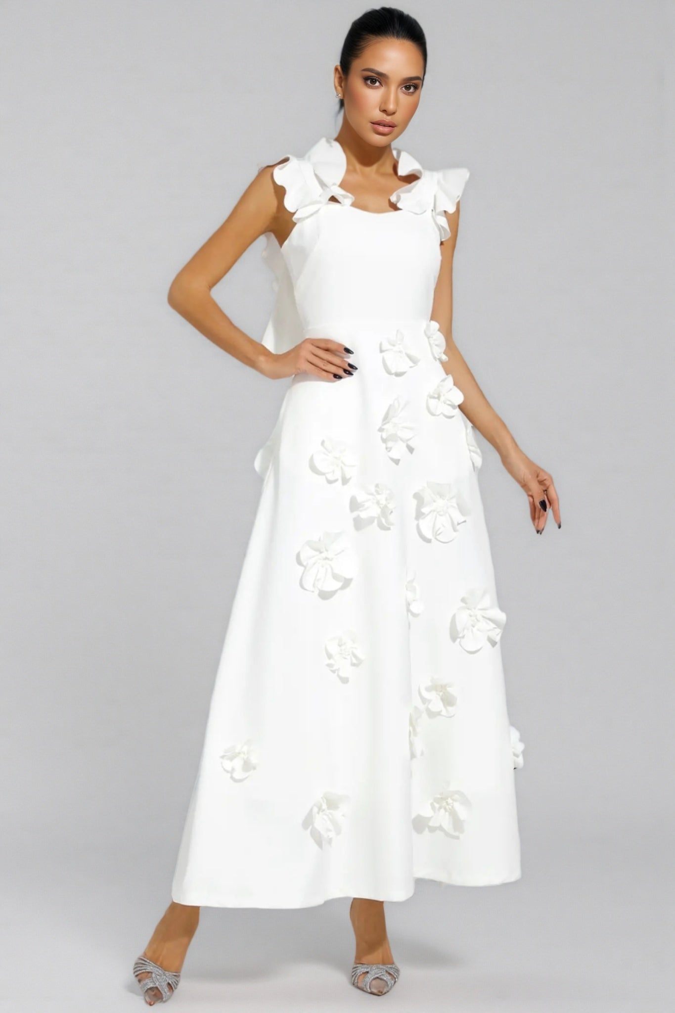 Ruffle Neck 3D Floral Appliqué Fit and Flare A-Line Maxi Gown