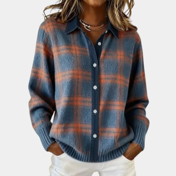 Collared Button Front Plaid Knit Shirt Cardigan