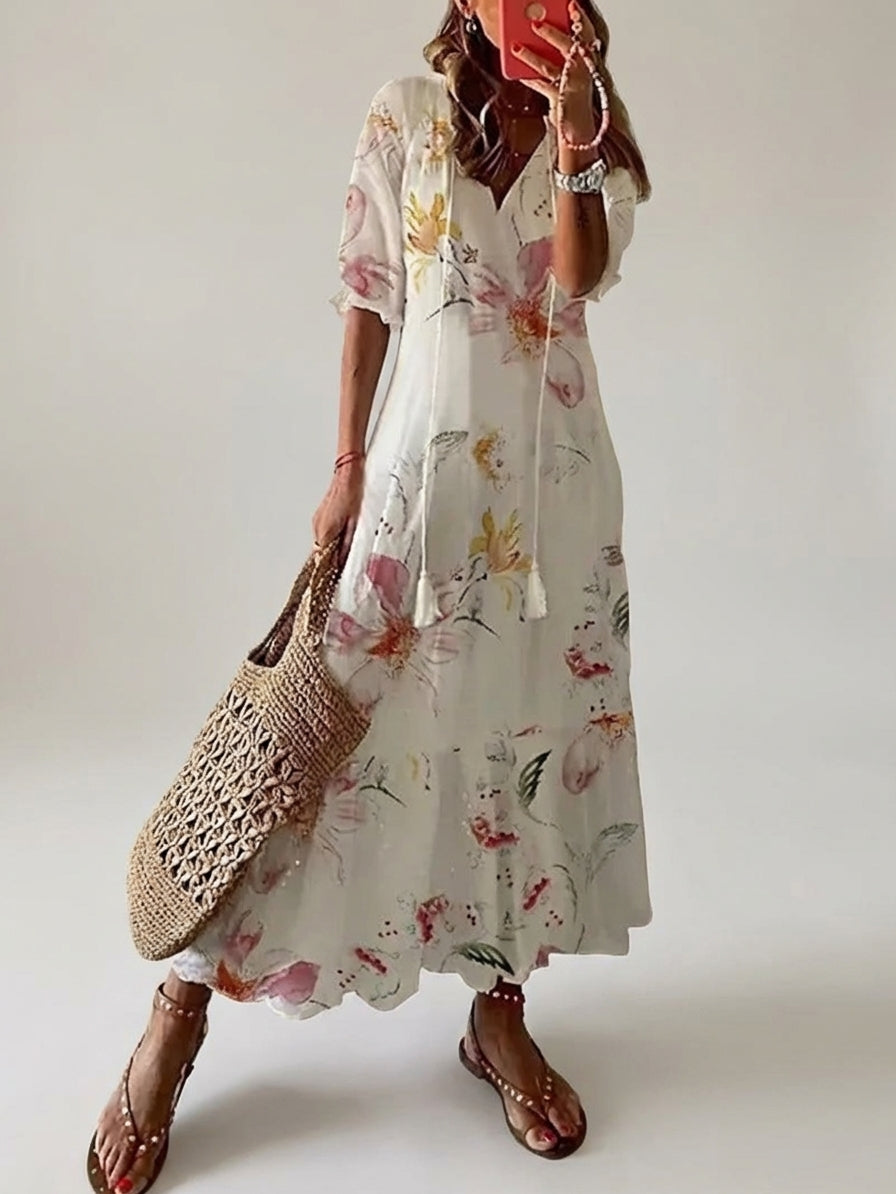 Floral V-Neck Short Sleeve Maxi Dress