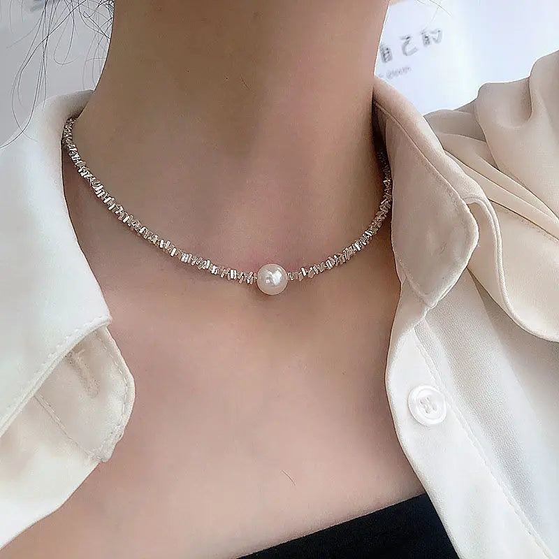 Single Pearl Pendant Beaded Chain Choker Necklace