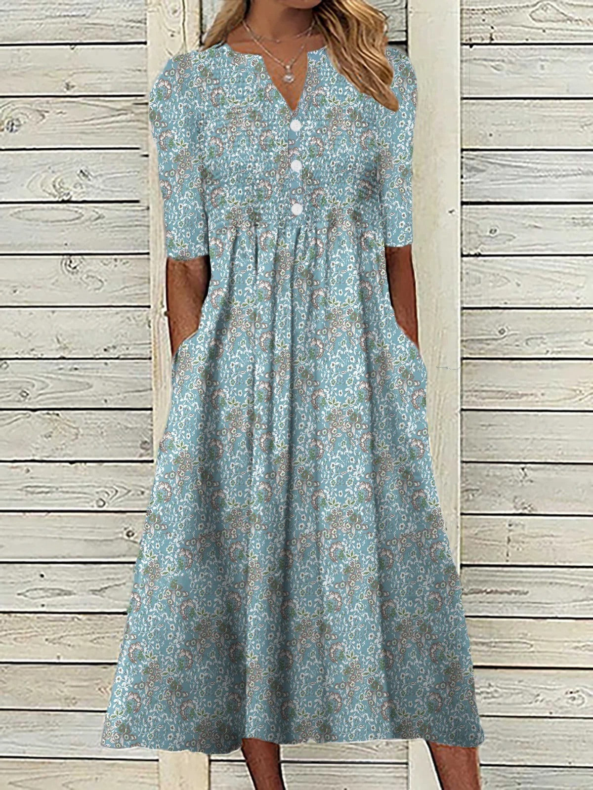 Floral Split Neck Short Sleeve Fit and Flare Midi Dress