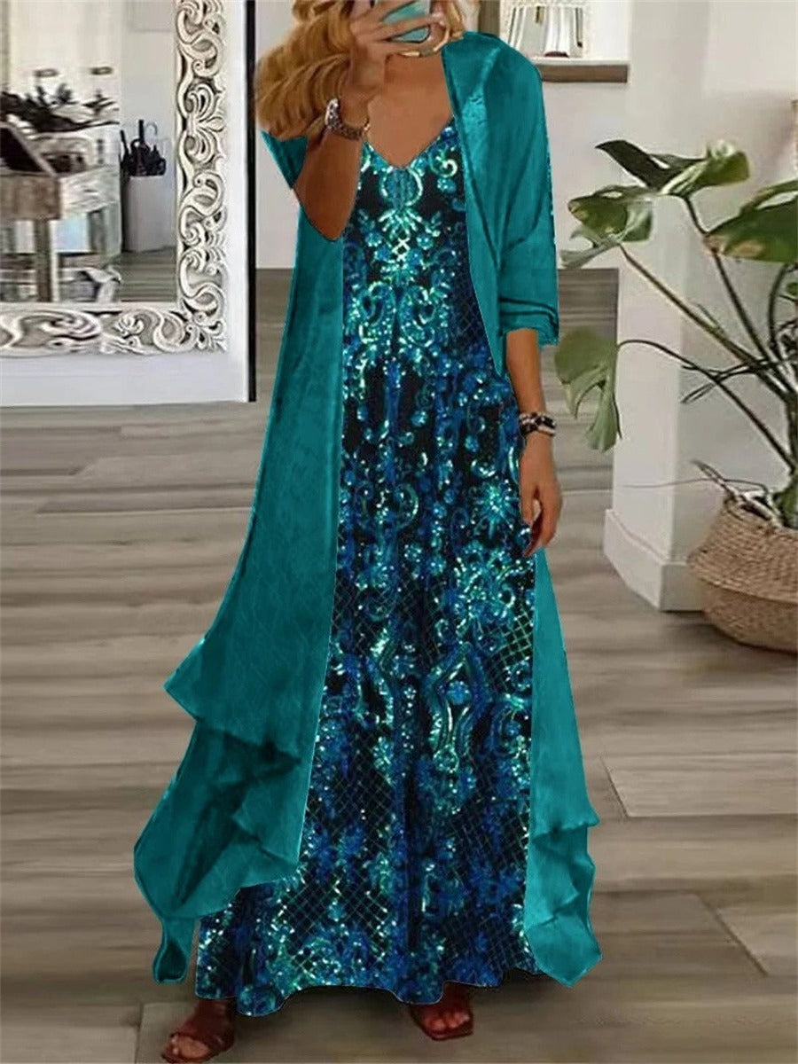 Sequin Print Spaghetti Strap Chiffon Two Piece Set