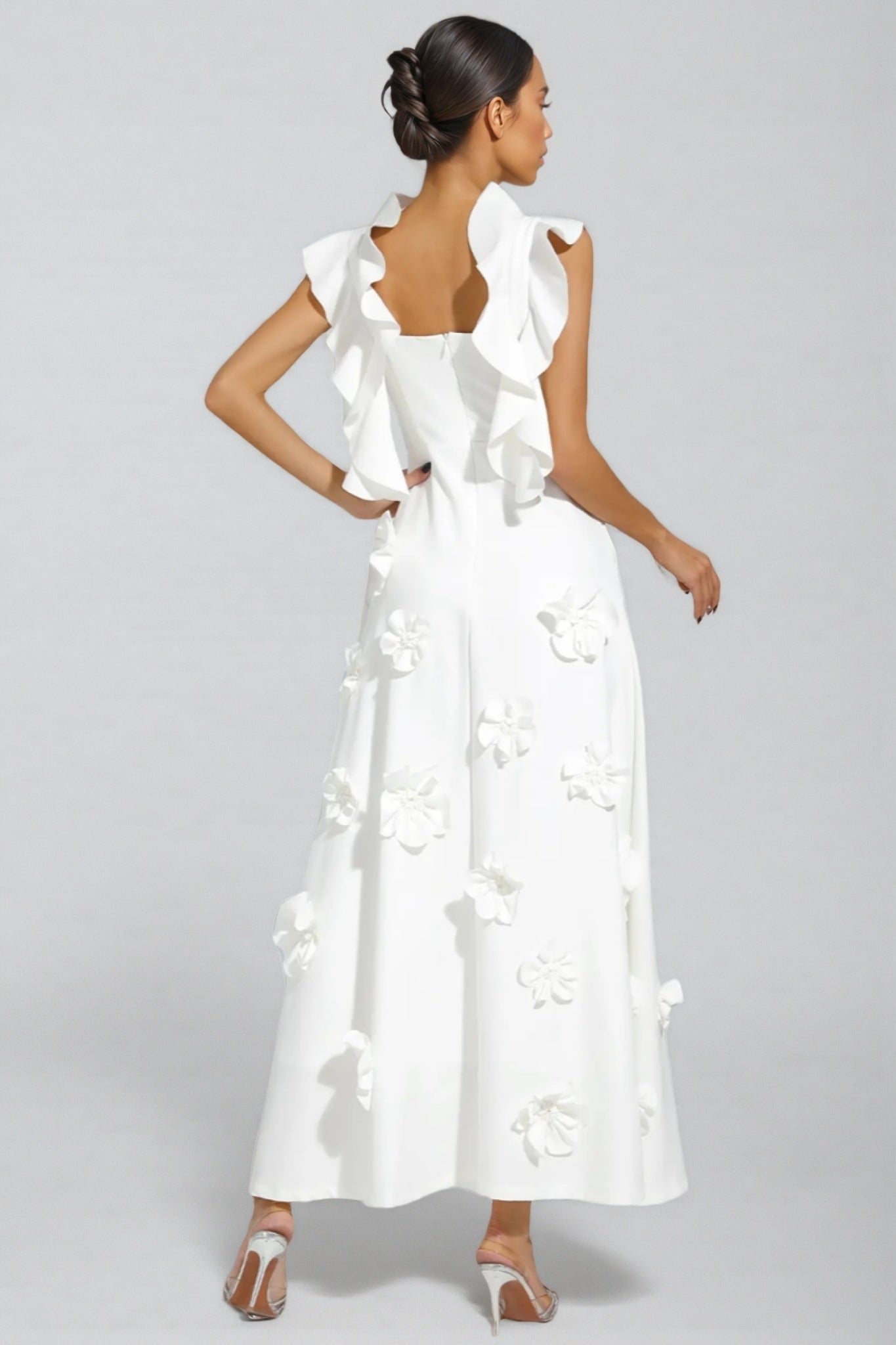 Ruffle Neck 3D Floral Appliqué Fit and Flare A-Line Maxi Gown