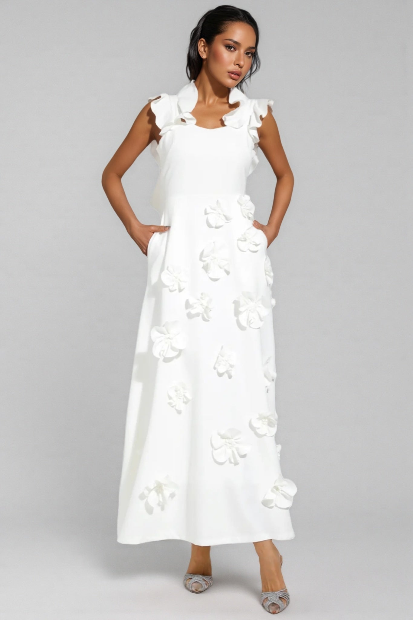 Ruffle Neck 3D Floral Appliqué Fit and Flare A-Line Maxi Gown