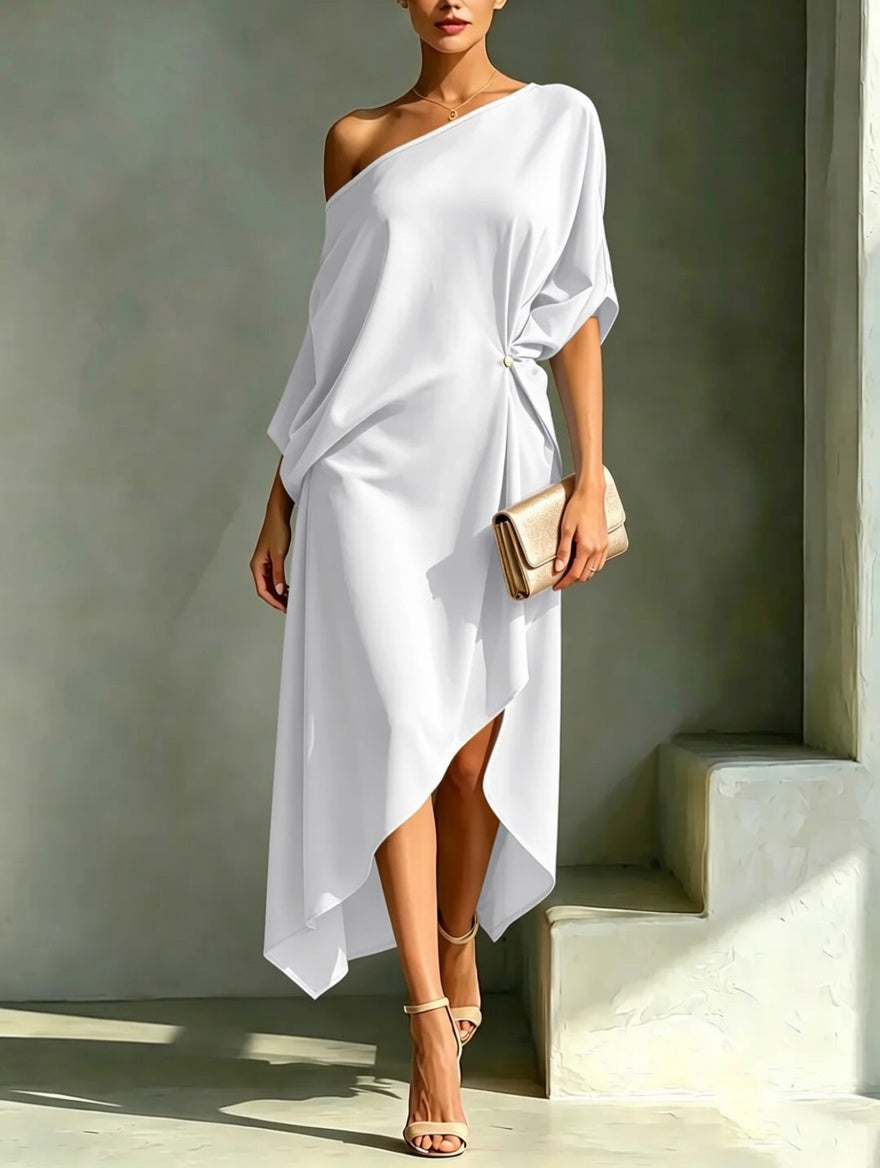 One Shoulder Batwing Sleeve Asymmetric Hem Midi Dress 3