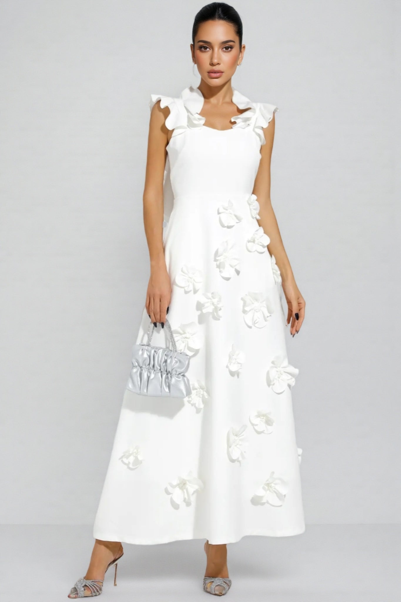 Ruffle Neck 3D Floral Appliqué Fit and Flare A-Line Maxi Gown