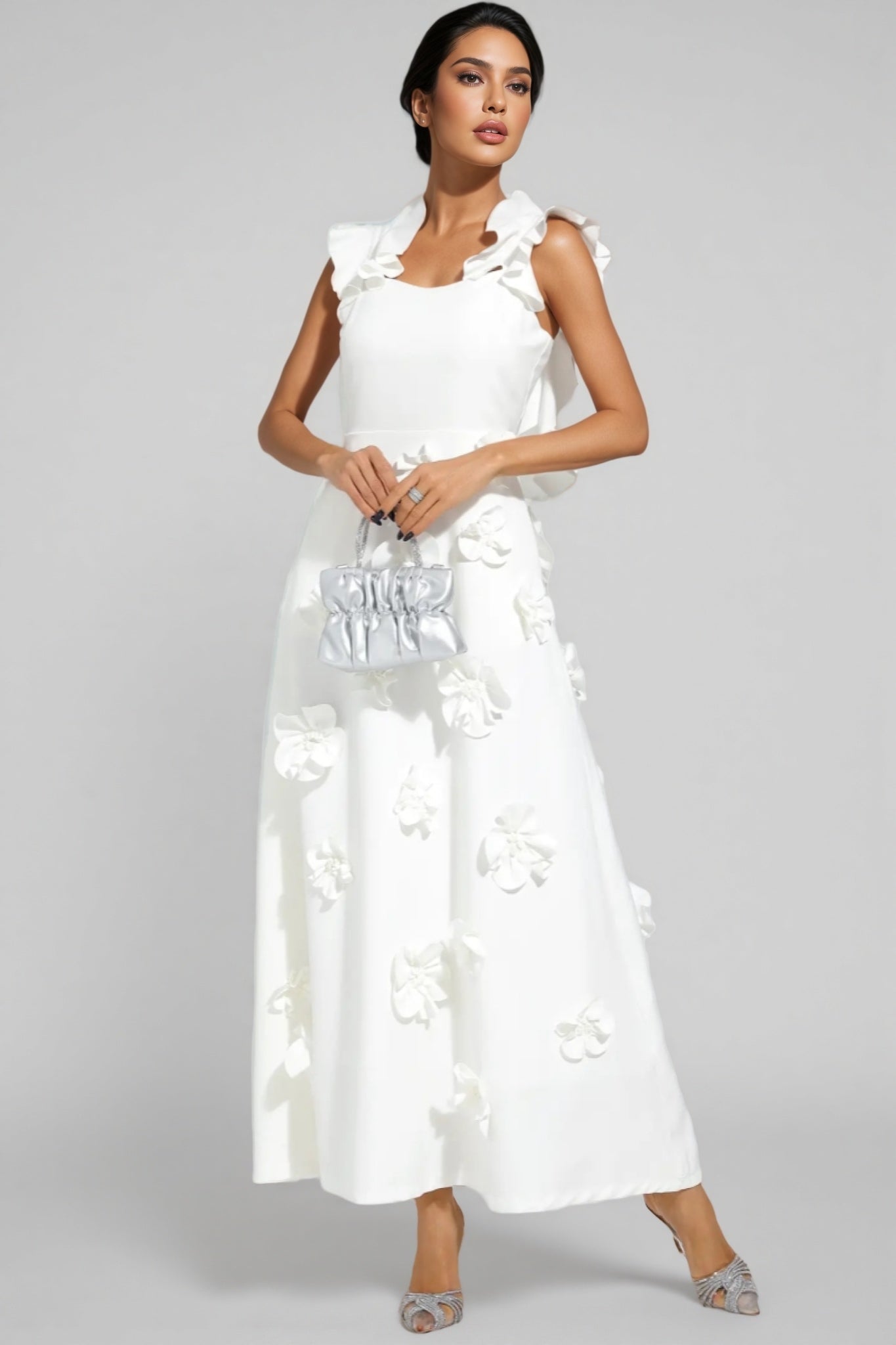 Ruffle Neck 3D Floral Appliqué Fit and Flare A-Line Maxi Gown