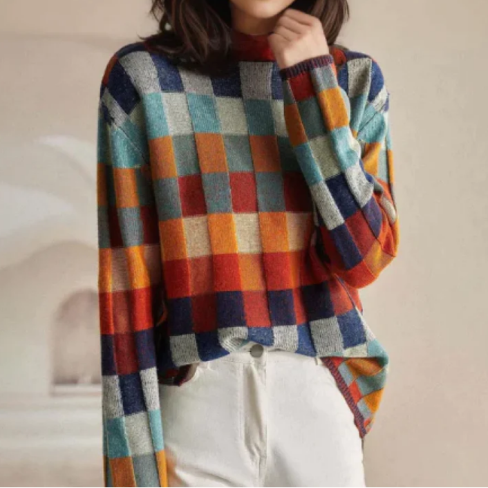 Mock Neck Checked Oversized Knit Sweater