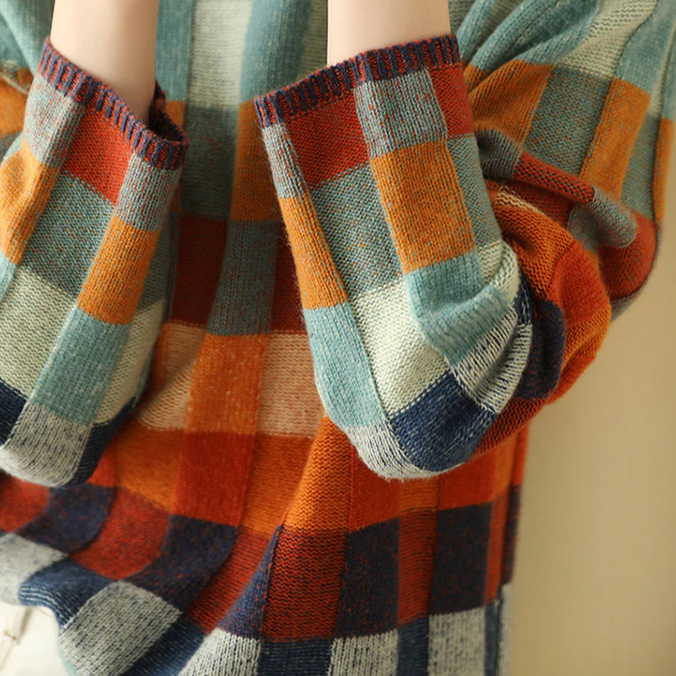 Mock Neck Checked Oversized Knit Sweater