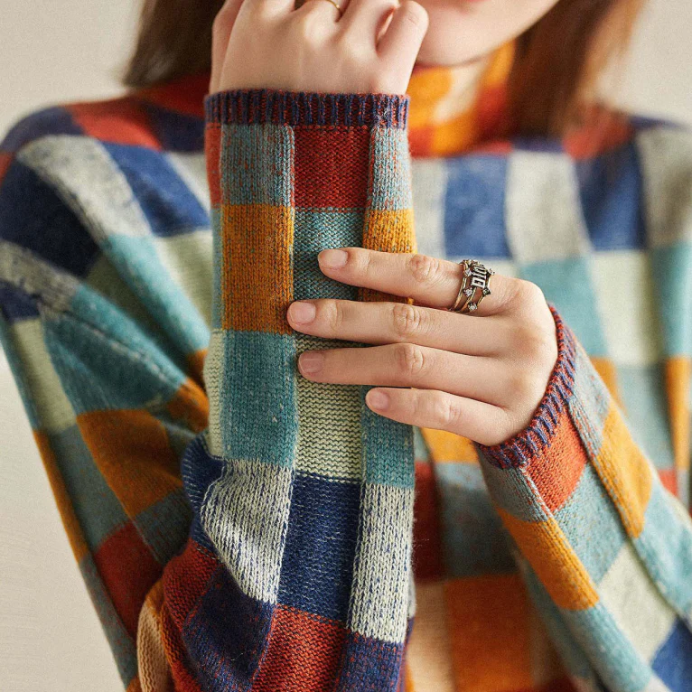 Mock Neck Checked Oversized Knit Sweater
