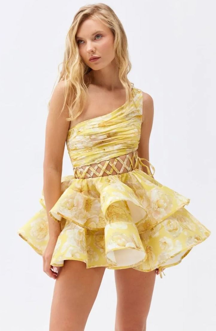 Floral One Shoulder Lace Up Tiered Ruffle Mini Dress 8