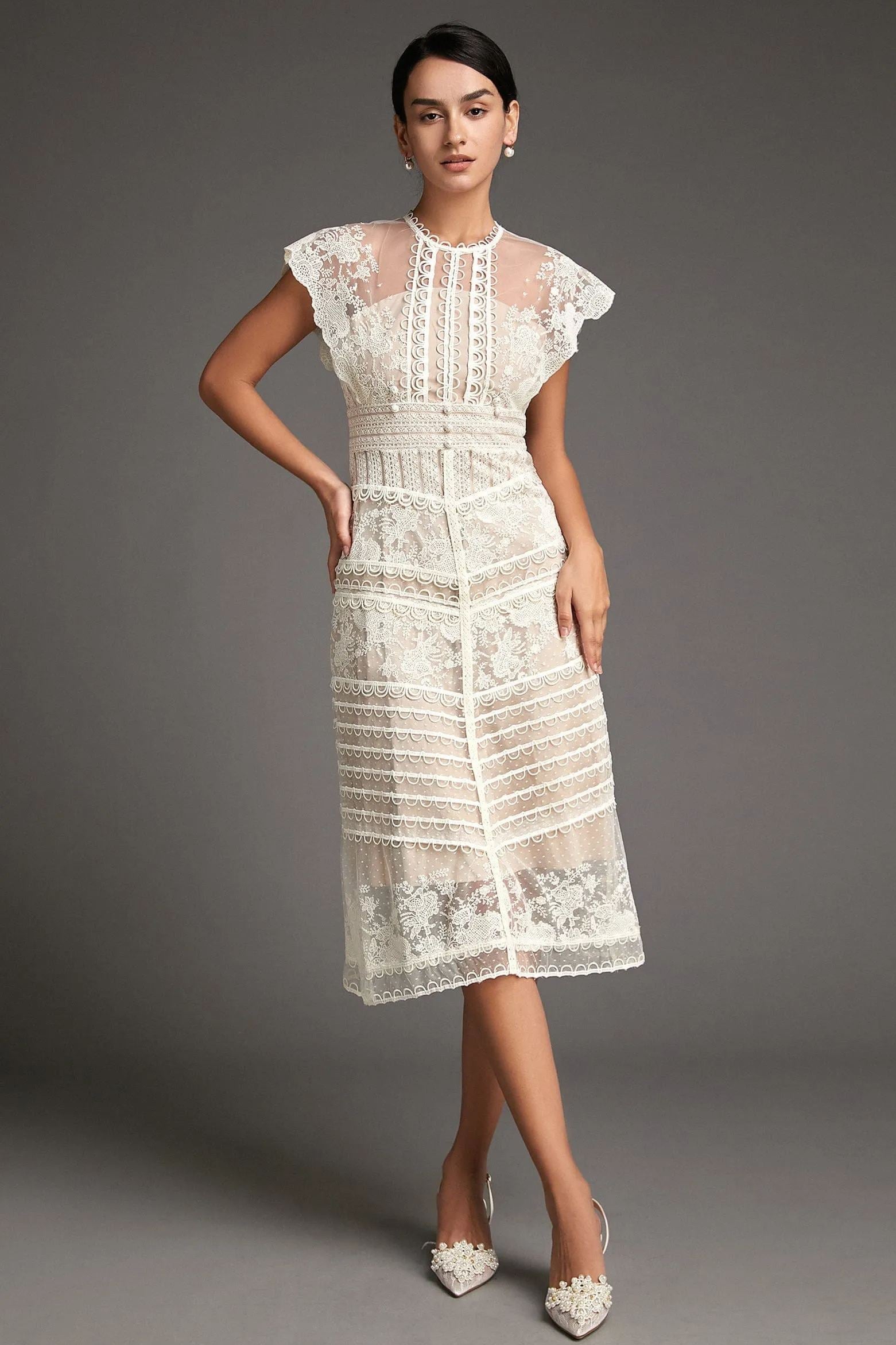 Flower Lydia Embroidered Mesh Midi Dress