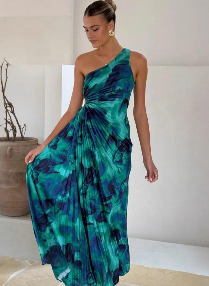 Off-shoulder sleeveless one-shoulder printed pleated dress Blue