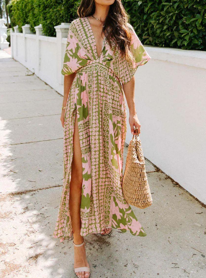 Floral Plunge Half Sleeve Dress Green