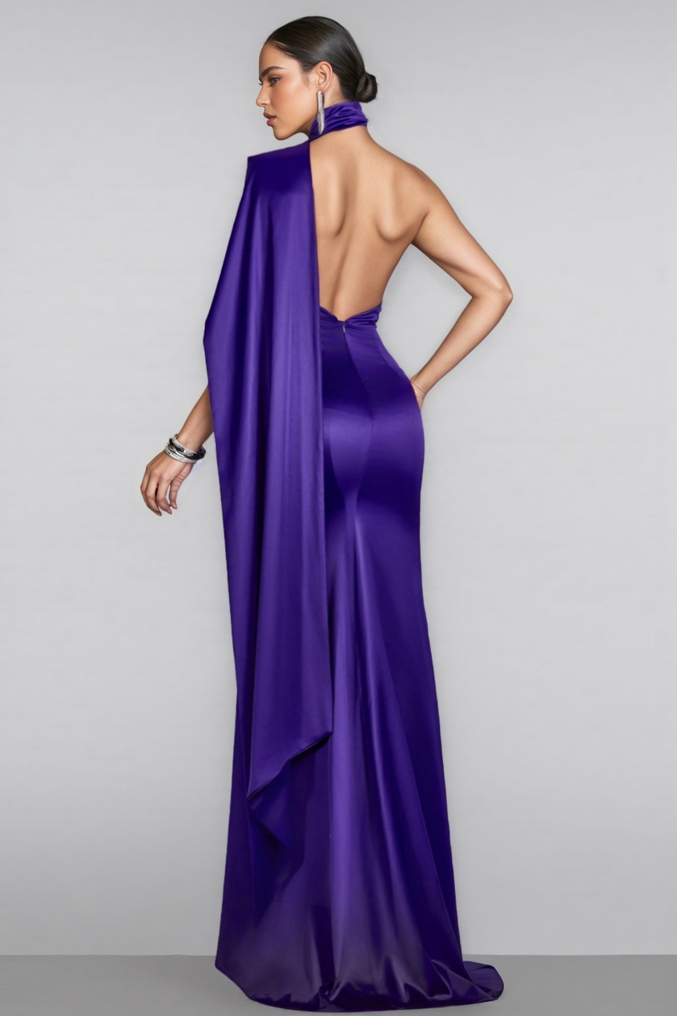Satin One Shoulder Rosette Applique Draped Maxi Gown
