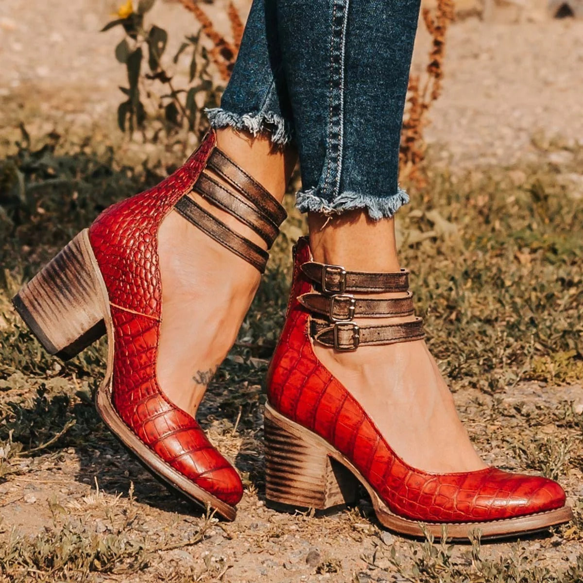 Round Toe Triple Ankle Strap Buckle Block Heel Pumps