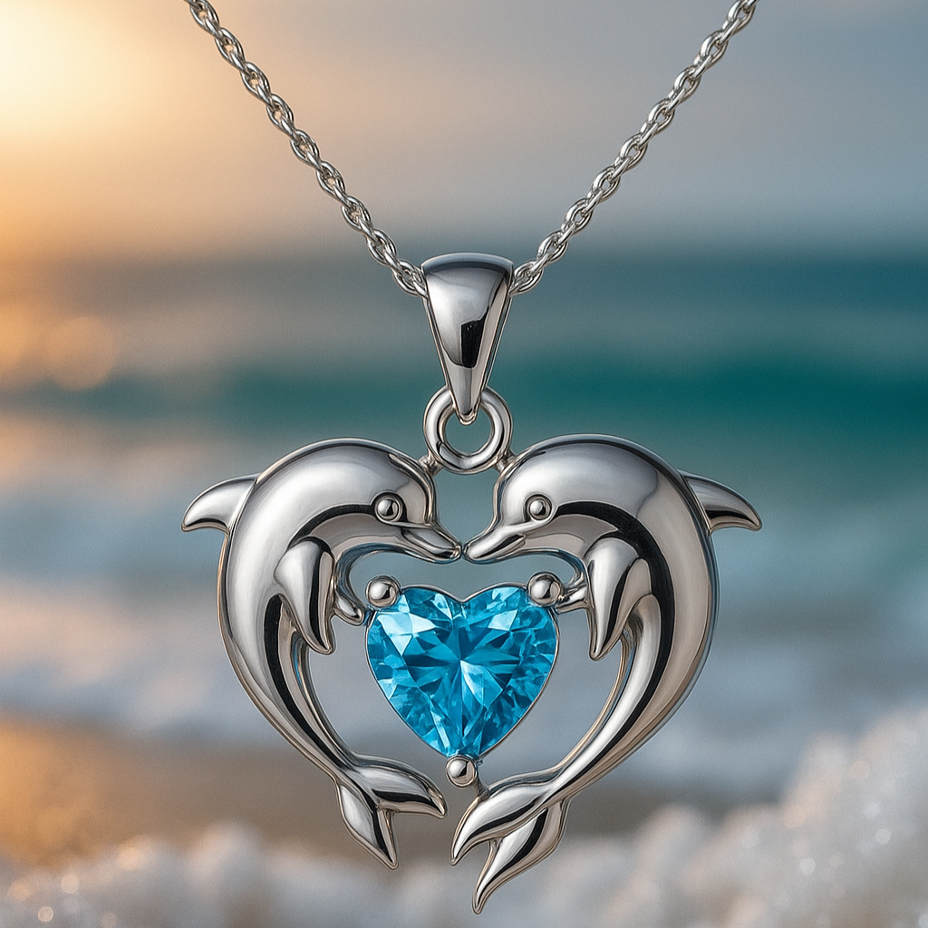 Double Dolphin Heart Stone Pendant Chain Necklace