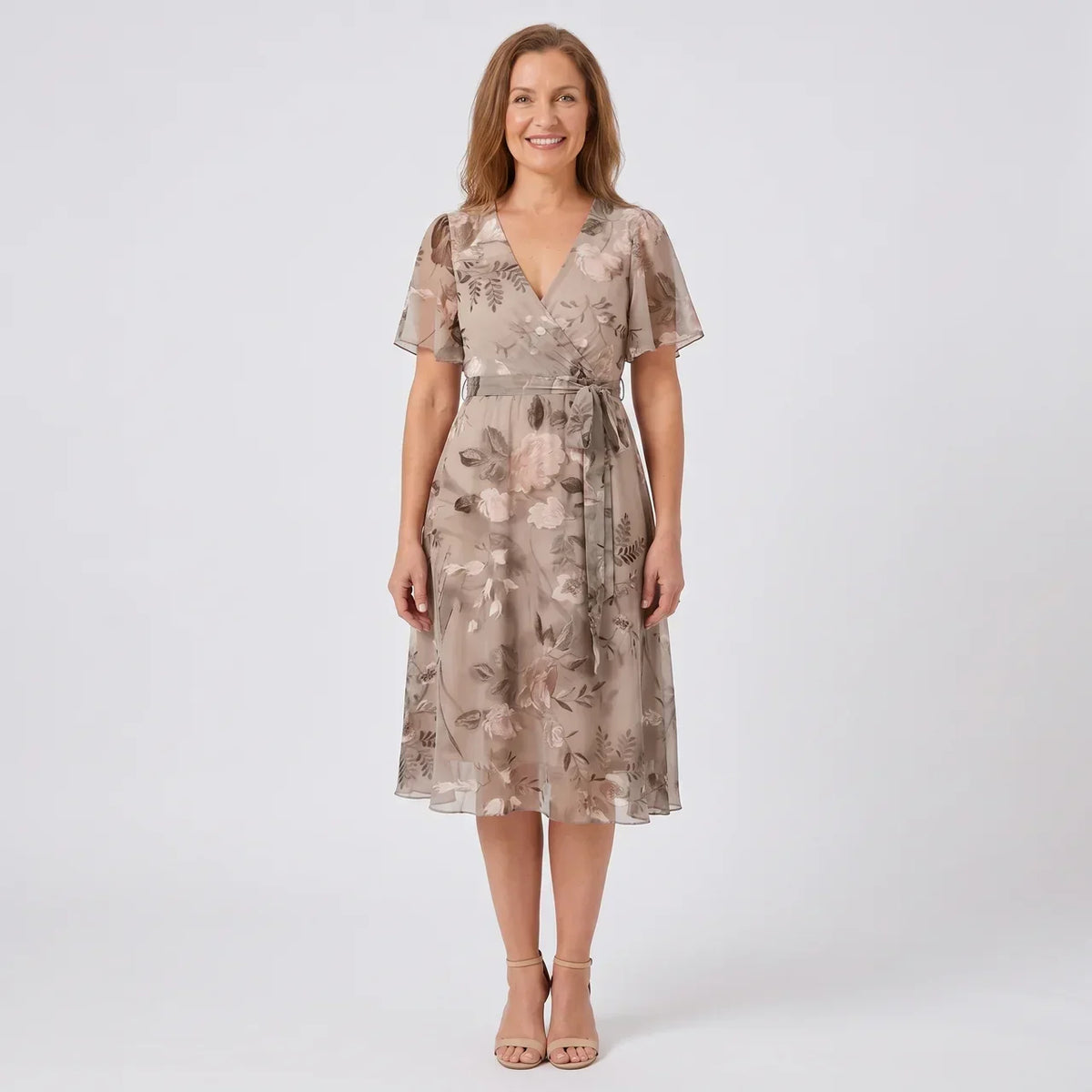 Floral V-Neck Flutter Sleeve Tie Waist Fit and Flare Midi Dress