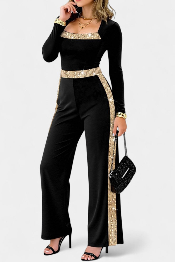 Sequin Trim Square Neck Long Sleeve Wide Leg Jumpsuit