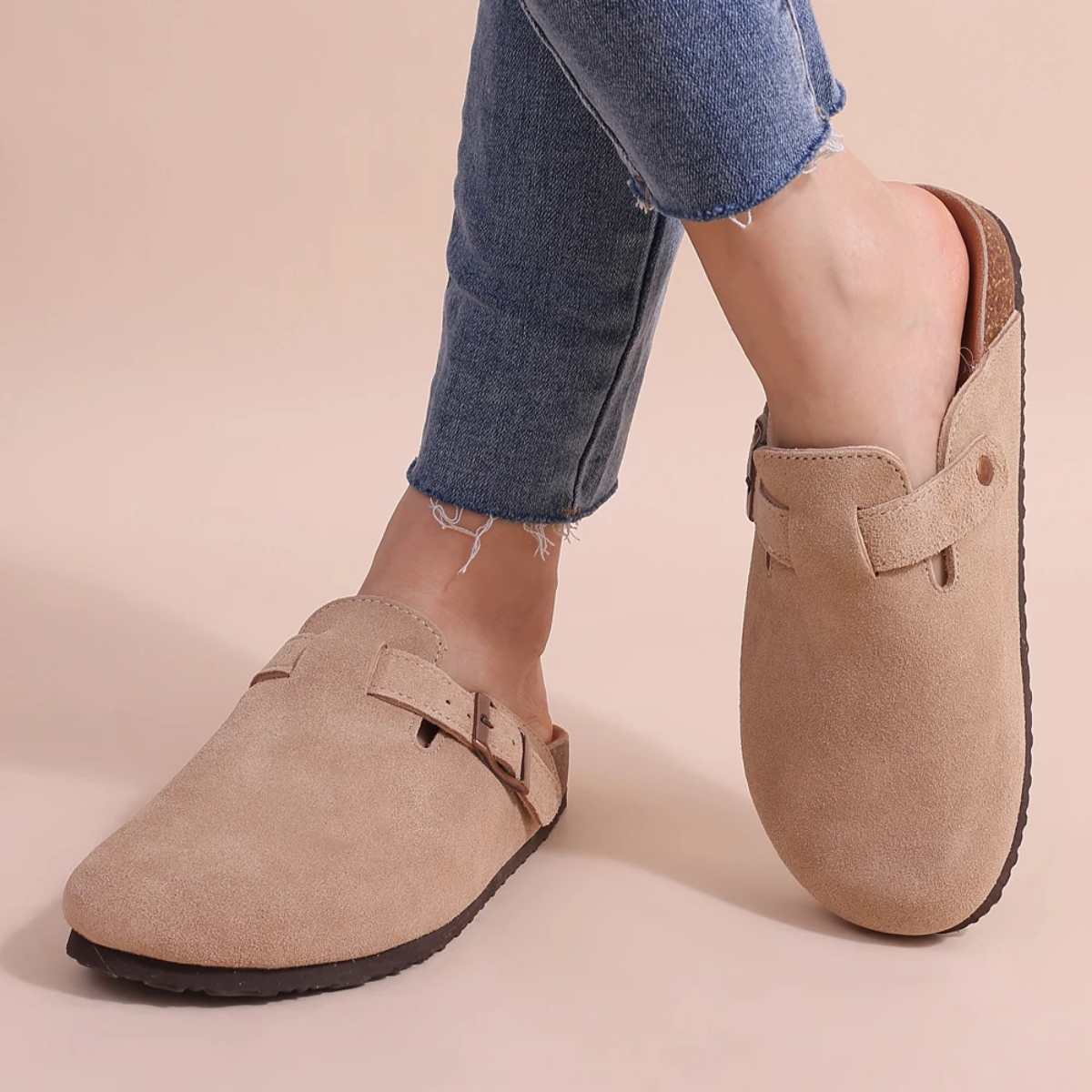 Round Toe Buckle Strap Suede Look Clog Mules
