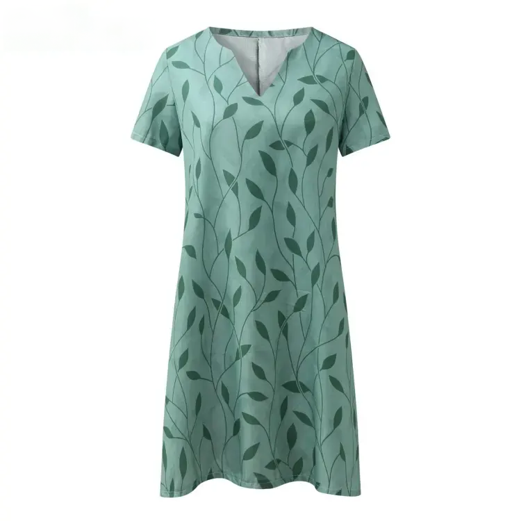 Short Sleeve Notched V-Neck Shift Knee Length Summer Dress