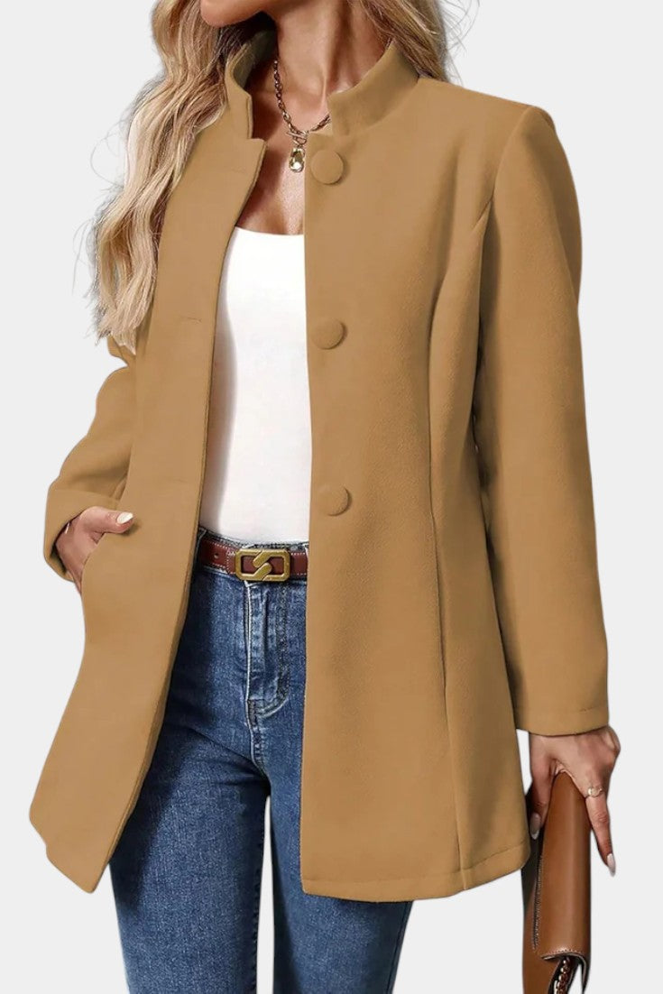 Stand Collar Button Front Long Sleeve Longline Coat