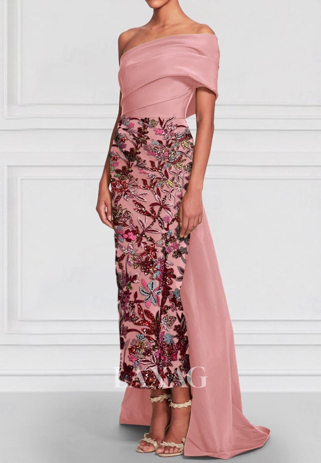 Asymmetrical-Neck Ankle-Length Mermaid Evening Gowns Floral Embroidered Sequined Formal Gowns