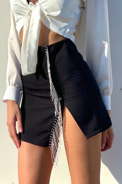Rhinstone Tassels Slit Skirts