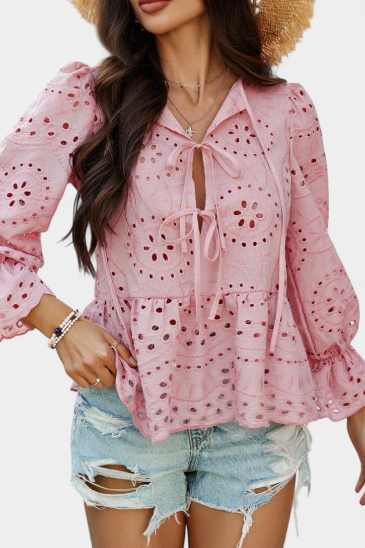 Eyelet Lace Tie Neck Long Sleeve Peplum Blouse