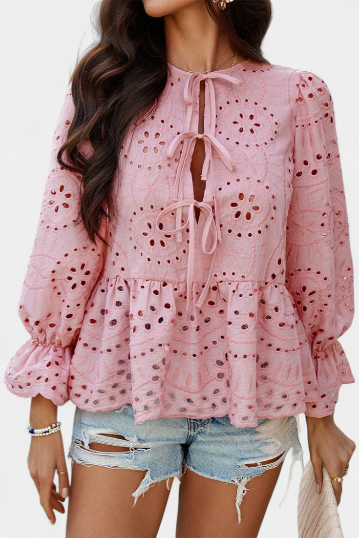 Eyelet Lace Tie Neck Long Sleeve Peplum Blouse