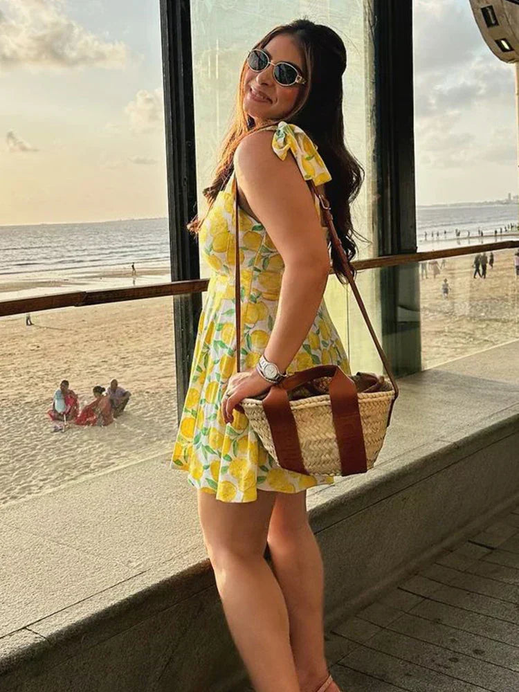Lemon Print Square Neck Tie Strap Fit and Flare Summer Mini Dress