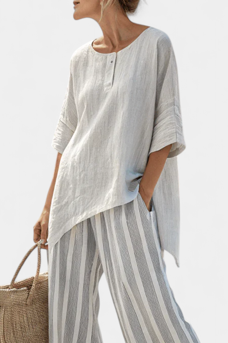 Short Sleeve Asymmetric Hem Top and Striped Wide Leg Pants Two Piece Set