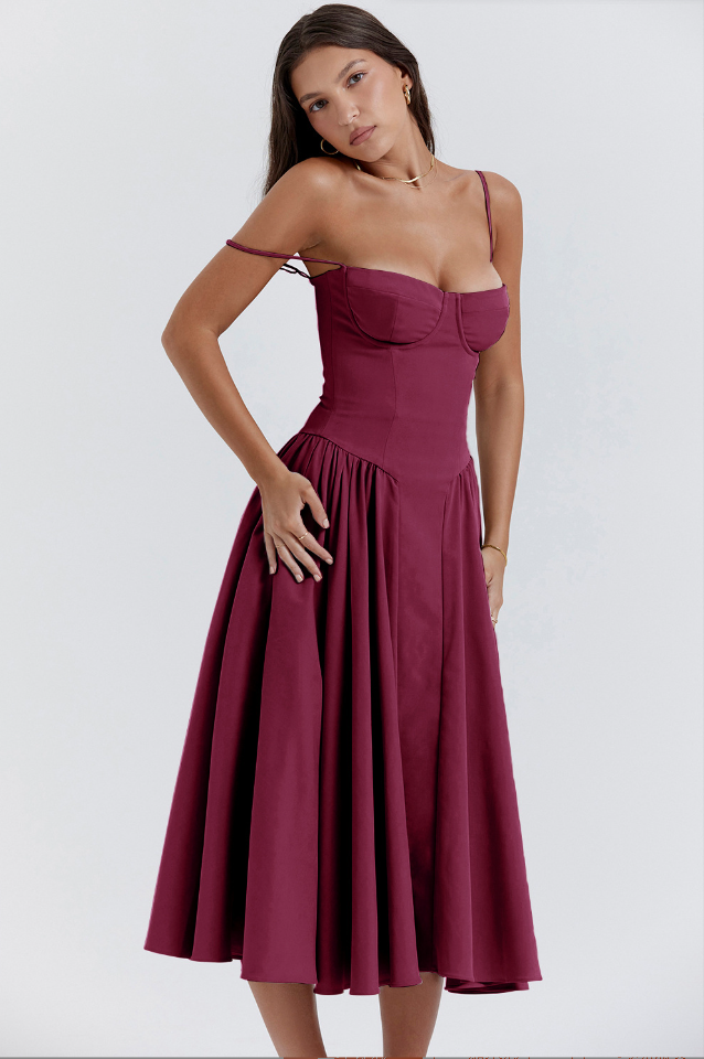 Milagros Premium Open-Shoulder Midi Dress with a Corset Fit Elevated Occasion Wear