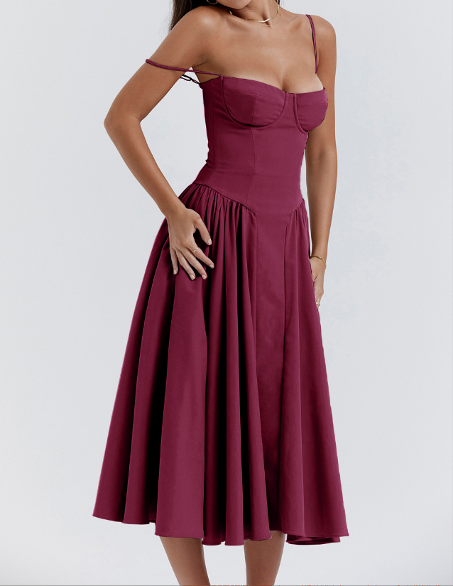 Spaghetti Strap Sweetheart Corset Fit and Flare Midi Dress