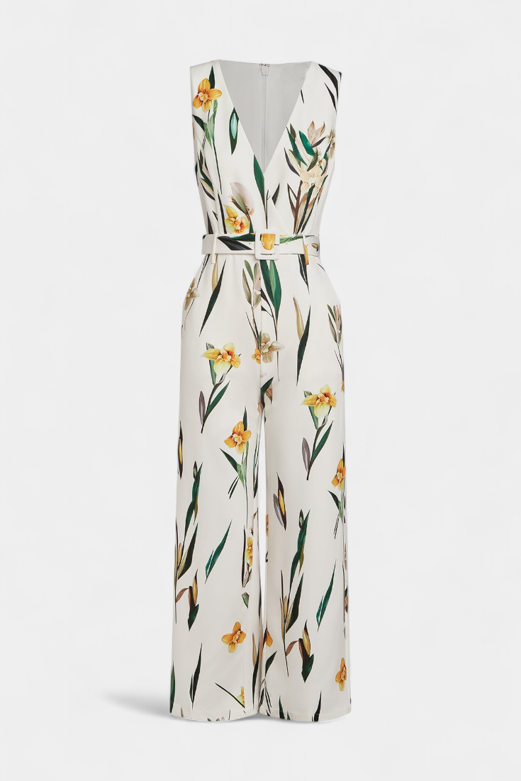 Floral Print V-Neck Sleeveless Belted Wide Leg Jumpsuit
