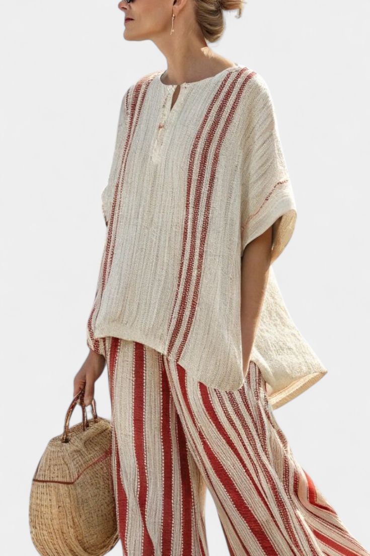 Striped Short Sleeve Top and Wide Leg Pants Two Piece Set