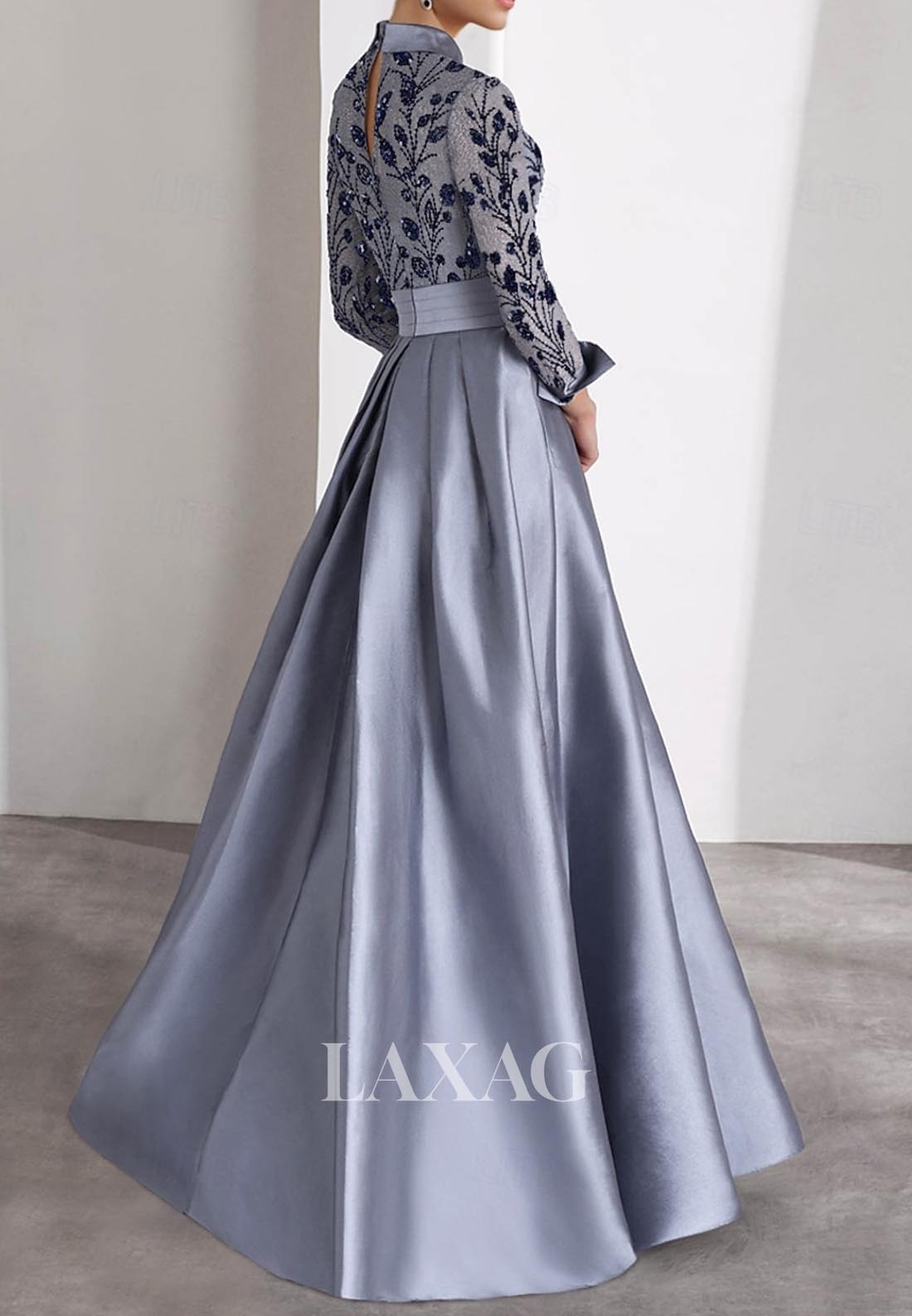 A-Line Embroidered Sequined Evening Dress Long-Sleeves Floor-Length Pleated Satin Formal Gowns