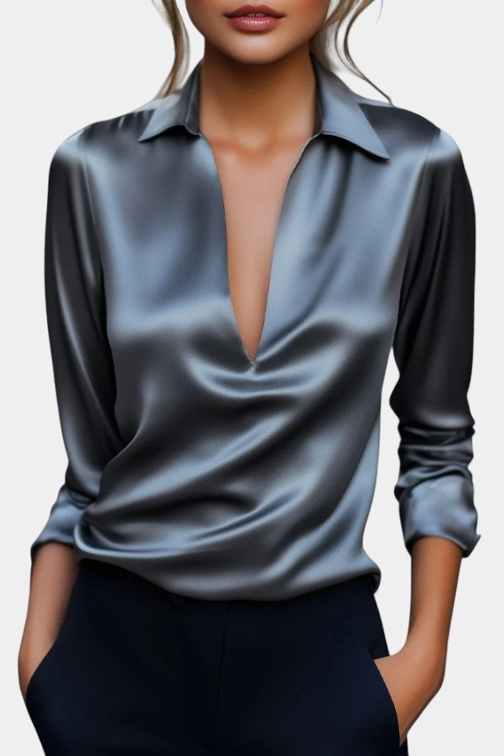 Satin Collared Deep V-Neck Long Sleeve Blouse