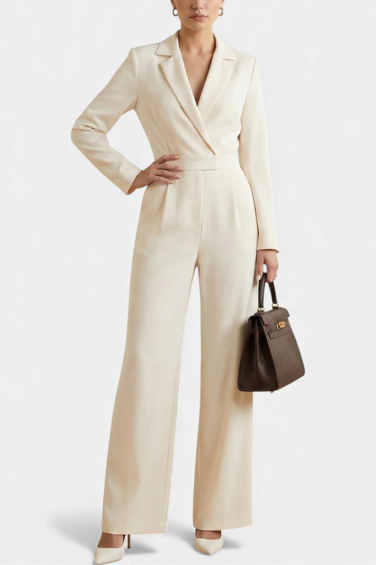Notch Lapel Wrap Long Sleeve Wide Leg Jumpsuit