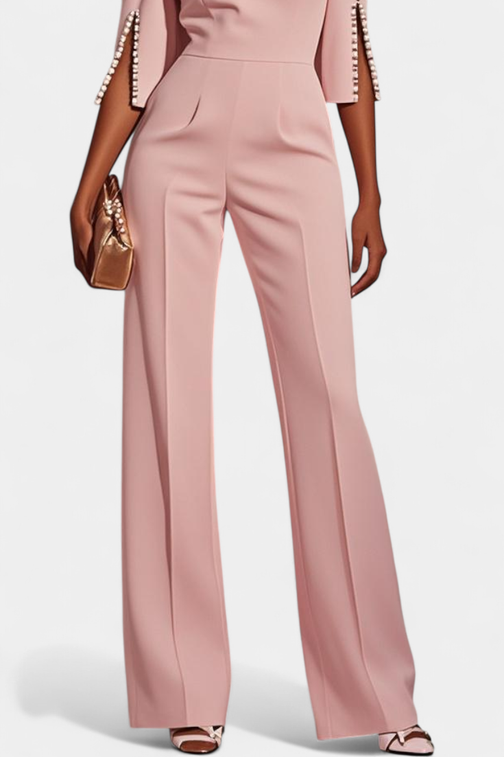 Boat Neck Pearl Trim Split Sleeve Wide Leg Jumpsuit
