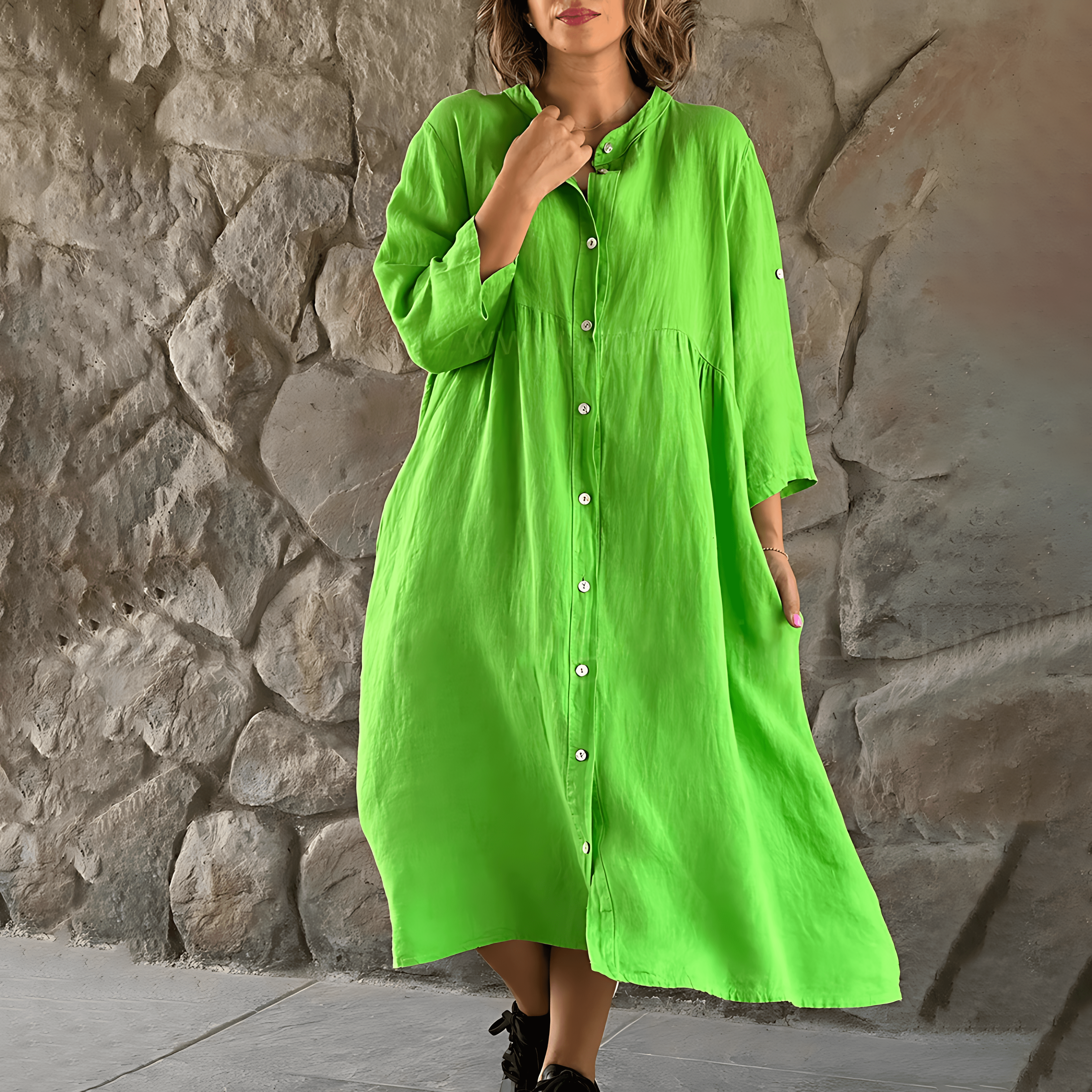 Button Down Roll Tab Sleeve Empire Waist Linen Look Summer Midi Dress